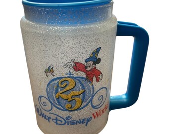 Walt Disney World 25th Anniversary Coca-Cola Glitter Travel Mug Sorcerer Mickey