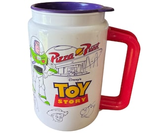 Taza vintage de Coca-Cola de Buzz Lightyear de Toy Story de Disney Pixar con tapa.