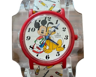 Vintage Lorus Quartz Mickey Mouse & Pluto Pencil Pattern Kids Watch Disney New