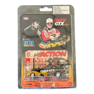 May include: A 1:64 scale die-cast model of a black and yellow Castrol GTX 1998 Mustang Funny Car. The packaging features images of Elvis Presley and John Force. The package is labeled "Limited Edition".