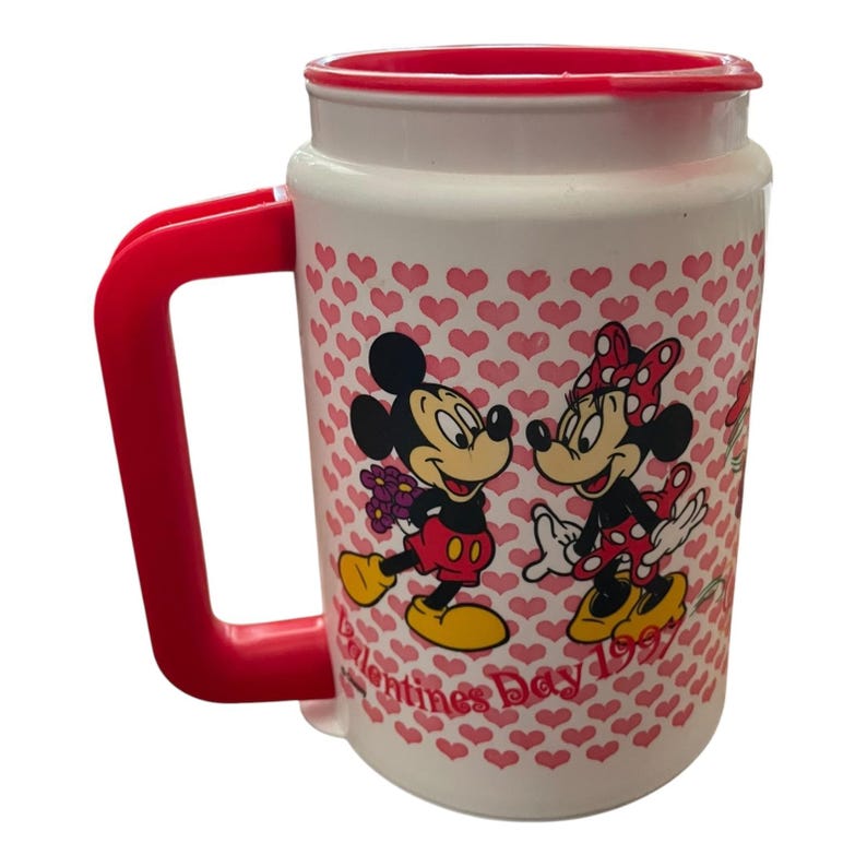 Taza de plástico vintage Disney Whirley de Mickey y Minnie Mouse para el Día de San Valentín de 1990 imagen 2