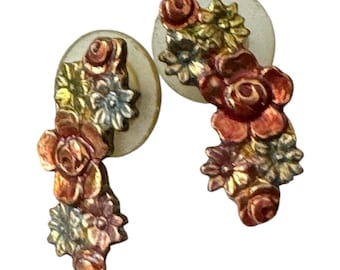 Rose Bouquet Gold Tone Painted Stud Earrings