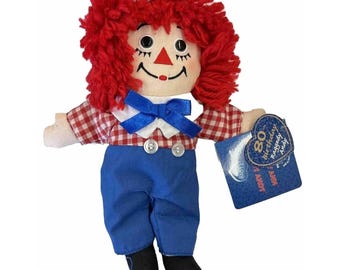 Raggedy Andy 80th Birthday Collectible Plush Doll Blue Pants Gingham Shirt