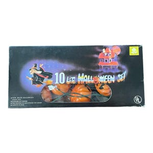 May include: A Halloween light set in a box. The box is black with a witch on a broom, a haunted house, and orange pumpkins. The text on the box reads "10 Lite Halloween Set".