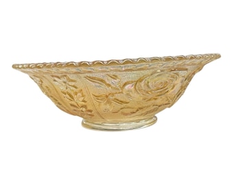 Vintage Carnival Glass "Open Rose" Amber Rainbow Iridescent Bowl 8"