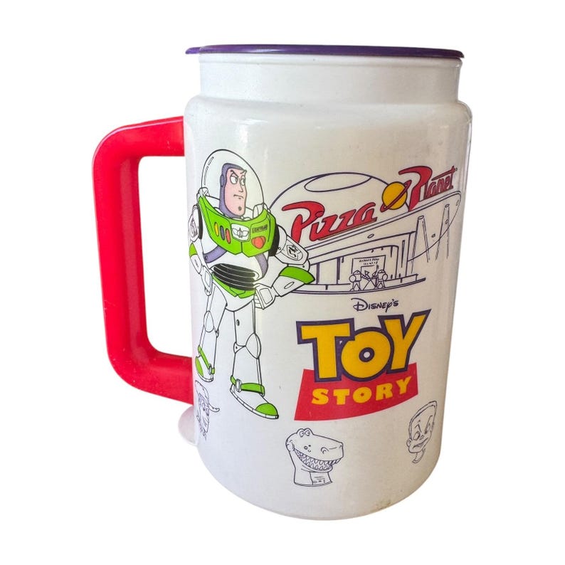 Vintage Disney Pixar Toy Story Buzz Lightyear Pizza Planet Coca-Cola-mok met deksel afbeelding 2
