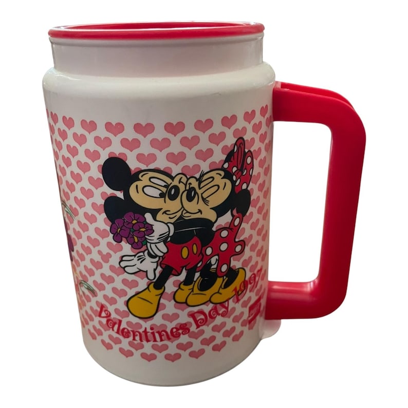 Taza de plástico vintage Disney Whirley de Mickey y Minnie Mouse para el Día de San Valentín de 1990 imagen 1
