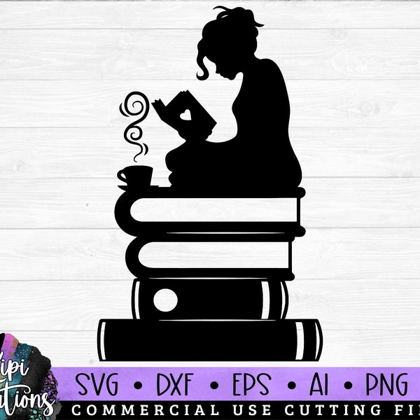 Girl on Books SVG, Book Reading SVG, Book svg, Reading svg, Book Lover svg, Book Quotes svg, Library svg, Book Reader Svg, Dxf, Png