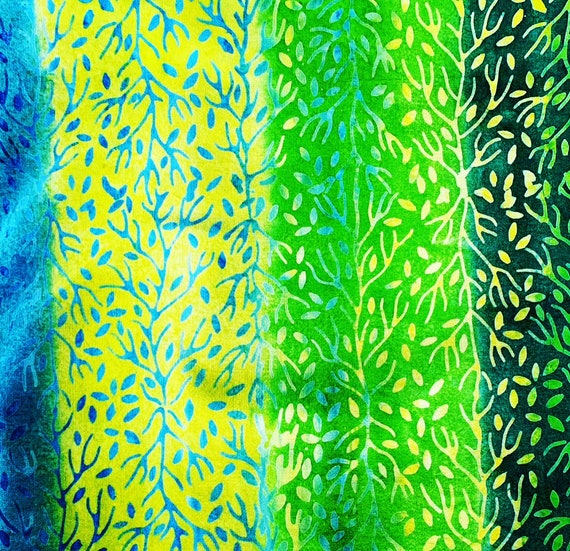 Batik Fabric by the yard, Rainbow Batik Fabric, Turquoise, Yellow and Green  Batik Fabric