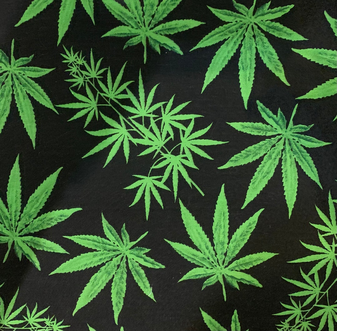 Cannabis Fabric by the Yard 100% Cotton, Nature Green Weed Marijuana