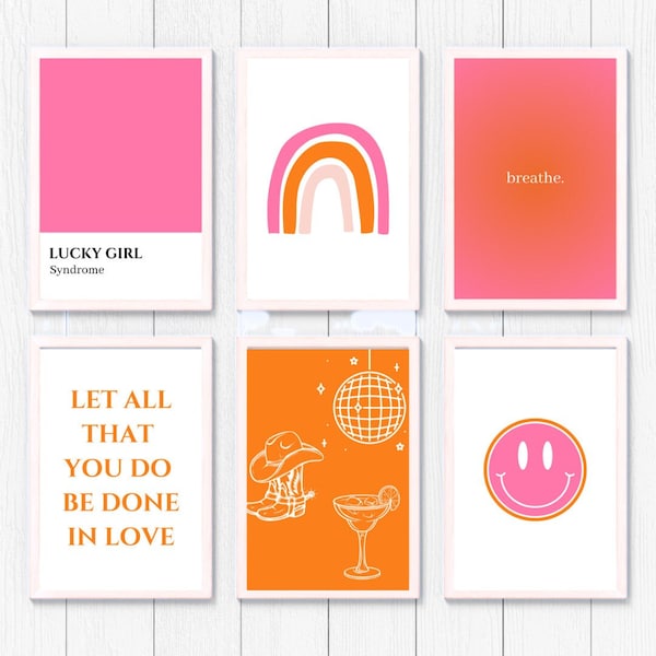 Orange and Pink Wall Art Aesthetic | Wall Art | Fun Wall Art Designs | Dorm Room Wall Art