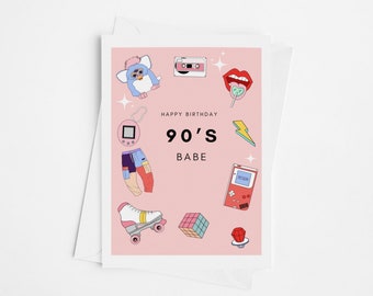 90’s Babe Birthday Card - Funny 90’s Theme Gifts  - Happy Birthday Celebration Card for her, Girlfriend, Friendship Card, Wife - Custom Gift