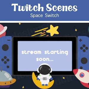 Paquete de escenas animadas de Space Switch Twitch: inicio de la transmisión, vuelvo enseguida, final de la transmisión, escenas sin conexión / paquete Kawaii Blue Space Twitch