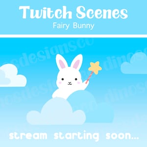 Animated Fairy Bunny Twitch Scenes Pack - Stream Starting, Be Right Back, Stream Ending, Offline Scenes | Dreamy Blue Sky Twitch Pack