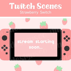 Animated Strawberry Switch Twitch Scenes Pack - Stream Starting, Be Right Back, Stream Ending, Offline Scenes | Cute Pink Pastel Theme