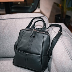 Genuine Leather Small Backpack - Black Cowhide Women&#39;s Rucksack