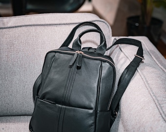 Genuine Leather Small Backpack - Black Cowhide Women's Rucksack