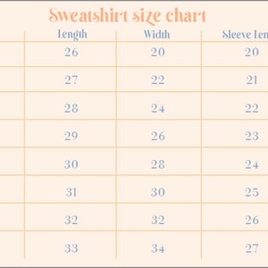 May include: Sweatshirt size chart with measurements in inches for sizes S through 5XL. The chart shows length, width, and sleeve length.