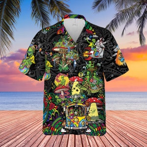 May include: A colorful Hawaiian shirt with a psychedelic design featuring aliens, mushrooms, and a van with a peace sign. The shirt has a black background and is decorated with bright colors and intricate patterns.