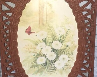 Vintage F Massa Daisy Wicker style Prints. Butterfly Retro Wall hanging Farmhouse mid century decor.