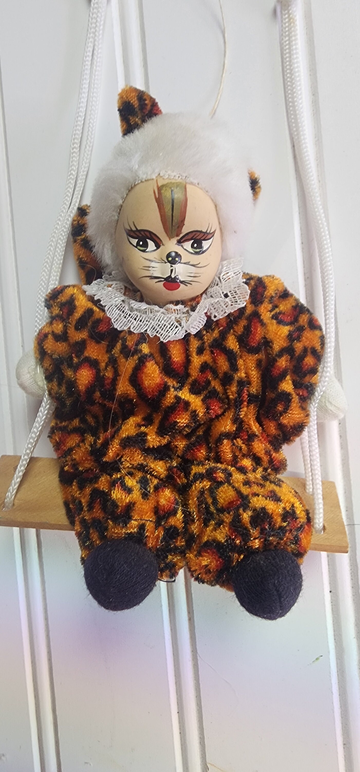 Vintage 80s Cat Clown Doll, Swinging Hanging Decor, Porceline Face