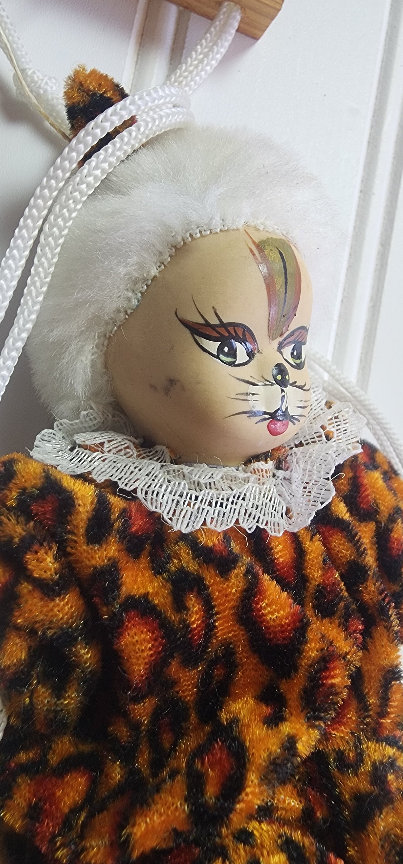 Vintage 80s Cat Clown Doll, Swinging Hanging Decor, Porceline Face