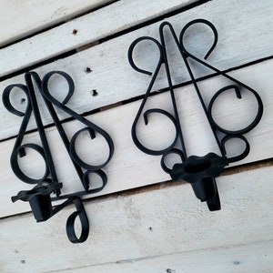 Vintage Matte Black Goth Painted Metal Scrolled Corved Antique Candle Holder Minimilist Wall Sconce Set of 2  wall candle holder