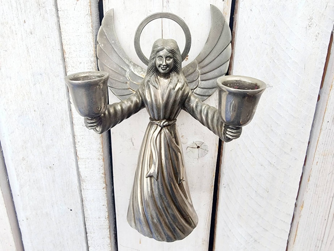 Vintage Pewter Angel Candle Holder Heavenly Metal Antique Angelic