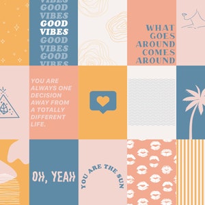Könnte beinhalten: Eine Collage aus neun bunten Quadraten mit verschiedenen Designs und Texten. Die Quadrate zeigen eine Palme, ein Herz, ein Wellenmuster, eine Frauensilhouette, ein Dreieck mit einem Blatt darin, ein Lippenmuster, ein gestreiftes Muster, ein Textmuster, das "Good Vibes" sagt, und ein Textmuster, das "You are always one decision away from a totally different life." Der Text "What goes around comes around" ist ebenfalls in der Collage enthalten.