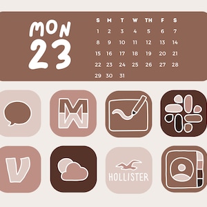 May include: A digital calendar with the date "MON 23" highlighted. The calendar also shows the days of the week and the numbers 1 through 31. Below the calendar are nine square icons with different designs, including a speech bubble, a letter "M", a drawing of a line with a pencil, a group of circles, a letter "V", two clouds, a seagull with the word "HOLLISTER" below it, and a person with a paintbrush.