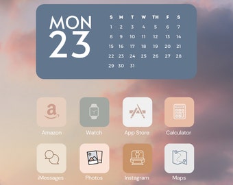 May include: A blue and white calendar with the date Monday, 23rd. Below the calendar are nine app icons, including Amazon, Watch, App Store, Calculator, iMessages, Photos, Instagram, and Maps.