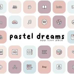 May include: A pastel-colored app icon pack with icons for popular apps like HBO Max, Hulu, Spotify, Instagram, and more. The icons are in a square format with rounded corners and feature simple line drawings of the app logos.