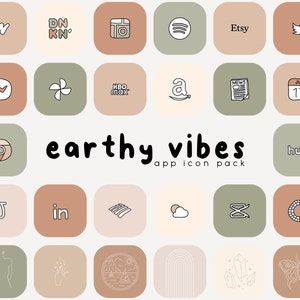 May include: A set of 20 app icons with an earthy theme. The icons are in a grid pattern and feature various app logos, including Instagram, Twitter, Etsy, Amazon, and more. The icons are in a minimalist style with a neutral color palette of beige, brown, and green.