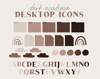 May include: A set of digital desktop icons in various shades of brown and beige. The icons include folders, documents, clouds, rainbows, and circles. The alphabet is also included in a bold, serif font.
