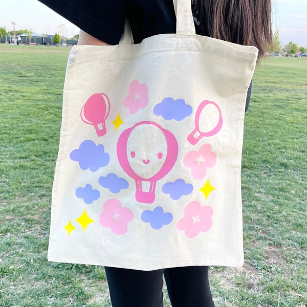 Cute Hot Air Balloon Tote Bag, Aesthetic Gift, Lightweight Canvas Bag