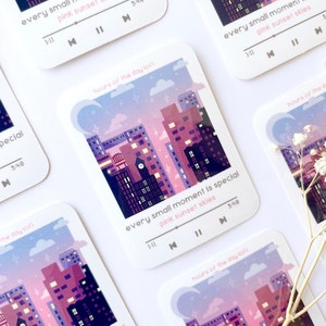 Pink Sunset Skies, Lofi speelt nu, afspeellijst waterdichte vinylsticker, laptopsticker