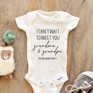 I can't wait to meet you grandpa and grandma see you soon Baby Bodysuit, Baby Clothes bodysuit prefect baby shower gift 125