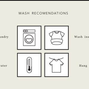 May include: A black and white illustration of laundry care instructions. The instructions include sorting laundry, washing in cold water, washing inside out, and hang drying.