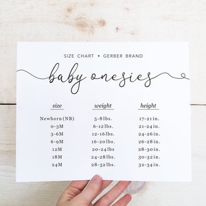 May include: A black and white size chart for Gerber brand baby onesies. The chart lists sizes from newborn to 24 months, with corresponding weight and height ranges in pounds and inches.