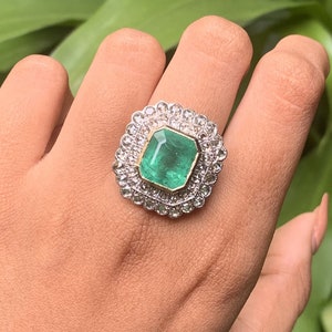 8.30 Carat Zambian Emerald & Rose Cut Diamond Art Deco Statement Ring in 14K White Gold