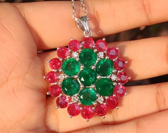 15 Carat+ Three Gemstones (Emerald, Ruby & Diamond) studded Statement Flower-shape Pendant Necklace in 14K White Gold