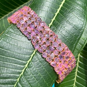 70.71 Carat Unshape Pink Sapphire studded Statement Bracelet in 14K Yellow Gold