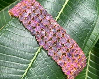 70.71 Carat Unshape Pink Sapphire studded Statement Bracelet in 14K Yellow Gold