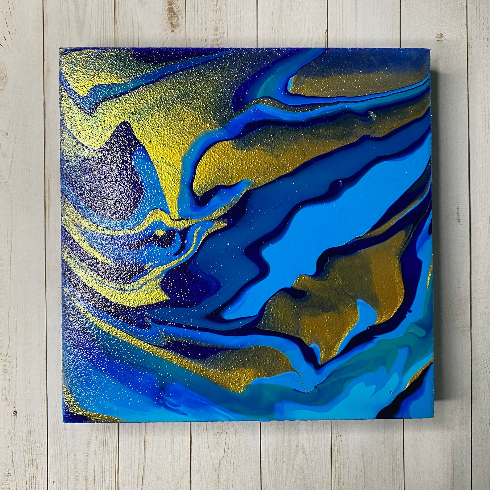 Blue and Gold Pour Paint Wall Art Etsy