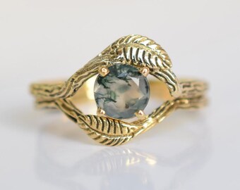Moss Agate Twig Ring Set: Sterling Silver Branch Wedding Rings