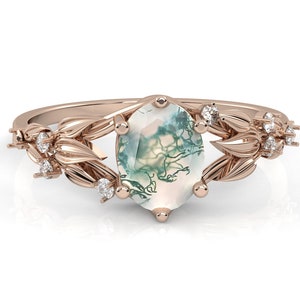 Moss Agate Twig Ring , Forest Ring, Witchy Flower Ring , Solitaire Rings, 14K Gold Fairy Ring, Viking Wedding Rings, Princess Aurora Ring