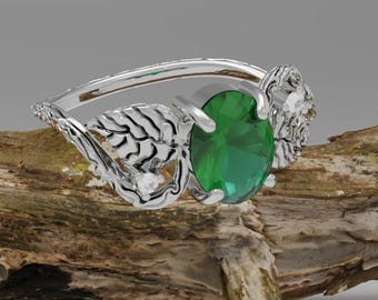 Anillo de compromiso con esmeralda y hojas, anillo de plata de ley 925, anillo de compromiso, anillo de boda con rama de árbol, joyería inspirada en la naturaleza.