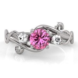 Three Stone Pink Tourmaline Engagement Ring , 14K Gold Anniversary Ring , Proposal Ring , Statement Ring