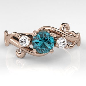 Three Stone Blue Topaz Engagement Ring , 14K Gold Anniversary Ring , Proposal Ring , Statement Ring