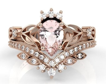 Vintage Morganit Verlobungsring Art Deco Ehering Set V Form Gold stapelbar Ring Versprechen Ring Brautring Jubiläum Ring